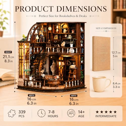 Book Nook Kit-DIY Miniature House for Adult and Teen Beginners, 3D Wooden Library Dollhouse with LED Light, Bookshelf Decor (Basque Study)