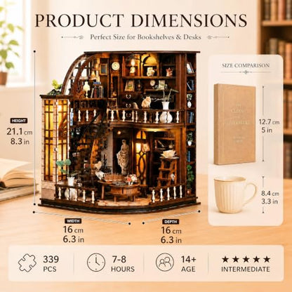 Book Nook Kit-DIY Miniature House for Adult and Teen Beginners, 3D Wooden Library Dollhouse with LED Light, Bookshelf Decor (Basque Study)