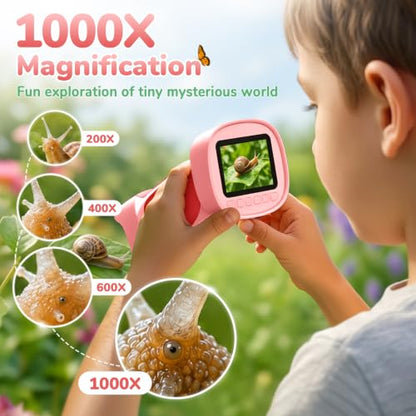 1000X Handheld Digital Microscope for Kids with 2.4" IPS Screen - color: Pink