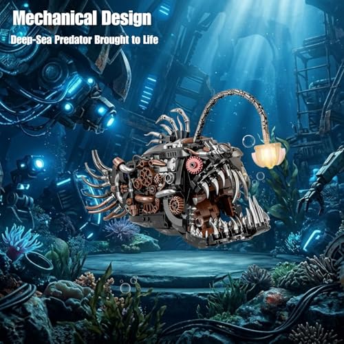 Mechanical Angler Fish Building Blocks Kit for Kids & Adults– Premium STEM Toy Set for Boys 8-14+, 1038+ Pieces Artistic Steampunk Light-Up Model Kits, for Teens & Collectors