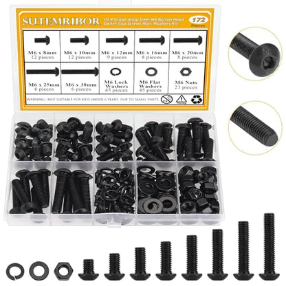 172 Pieces M6 Screws Nuts Washers Set Black, Sutemribor M6 x 8/10/12/16/20/25/30mm Button Head Socket Cap Screws Nuts Washers Assortment Kit, 10.9 Grade Alloy Steel, Fully Threaded - size: M6 Screws Kit, style: Button Head
