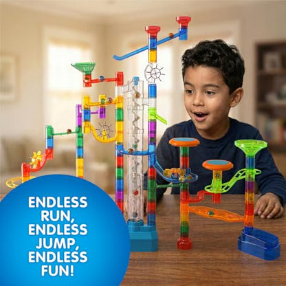 152pcs Glowing Marble Run Kit with Double Tracks Motorized Spiral Lift,2 Stunt Trampolines,30 Glow in The Dark Plastic Marbles & More. Building Project Toys, STEM Gifts for Boys&Girls.