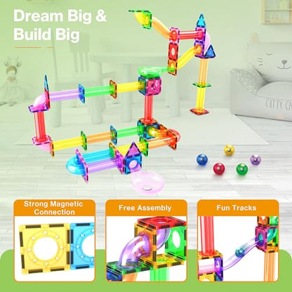 PicassoTiles 120 PCS Magnetic Tile Marble Run STEM Construction Set Ages 3+ - color: 120 Piece Marble Run