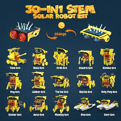 Wesfuner 30-in-1 STEM Solar Robot Kit Toys, 243 Pieces Educational Building Science Experiment Kit for Kids Aged 8-12, Birthday Gifts Kids Aged 8 9 10 11 12 13 Years Old(Yellow) - color: Yellow