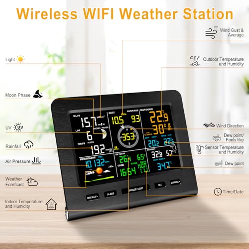 Urageuxy WiFi Weather Station - 7-in-1 Wireless Smart Home Weather Stations with Rain Gauge and Wind Speed/Direction,Temperature, Humidity, Weather Forecast, UV/Light, Moon Phase and Alarm - color: Black