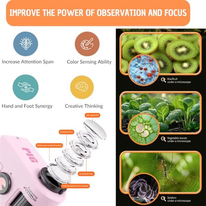 2026 New Kids Pocket Microscope Toy - 60x-80x Handheld Portable Science Kit with LED Light - STEM Educational Gift & Christmas Stocking Stuffer for Boys & Girls Age 3-12 (Pink Bear) - style: Pig