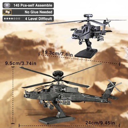 Piececool 3D Metal Model Kits, Military Helicopter Airplane Models Building Kits for Adults and Teens Men Hobbies DIY Brain Teaser Puzzles, Great Birthday Gifts, 145 Pcs - style: AH-64 Apache