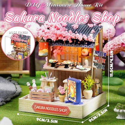 Kisoy Dollhouse Miniature with Furniture Kit, DIY 3D Wooden DIY House Kit with Dust Cover, Handmade Tiny House Toys for Teens Adults Gift (Sakura Noodles Shop) - color: Sakura Noodles Shop