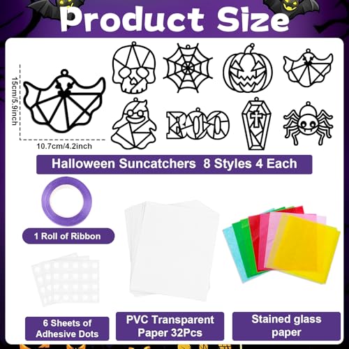 32 Sets Halloween Suncatchers Craft Kit DIY Window Stained Glass Effect Ghost Spider Skull Pumpkin Paper Crafts Home School Classroom Decoration Kid Birthday Gift Creative Art Project Activity Game - style: Halloween