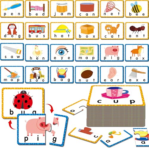 24 Set 3-Letter Word Puzzle Cards, 72 PCS Self Correcting Word Spelling Puzzles, Double Sided Puzzle Cards for Kindergarten Preschool Learning - style: 24 Blocks Double Sided-A