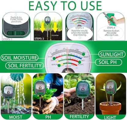 Soil Tester, Soil Moisture Meter/Soil pH Meter/Sun-Light/Fertility for Gardening, Large Dial Soil pH Tester Plant Water Meter for Indoor&Outdoor Garden,Farm Soil Test Kit-DeepGreen