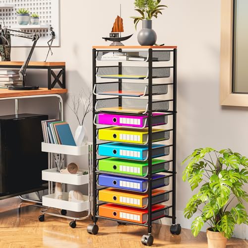 Simple Trending 12-Tier Rolling File Cart, Desk File Organizer with 11 Mesh Sliding Trays, Letter & Legal Paper Storage Rolling Utility Cart for Office Home School, Black - style: 12 Tier-Wood