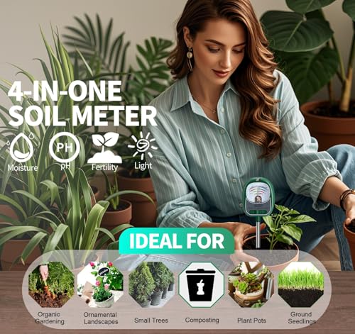 Soil Tester, Soil Moisture Meter/Soil pH Meter/Sun-Light/Fertility for Gardening, Large Dial Soil pH Tester Plant Water Meter for Indoor&Outdoor Garden,Farm Soil Test Kit-DeepGreen
