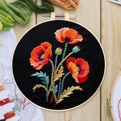 Poppy Needlework Embroidery Kit for Beginners,Handmade Cross Stitch Sewing Craft Kit with Pre-Stamped Patterns,7.87 inch Hoop,Floss & Needles for Craft Lover Birthday Gifts 30x30cm - color: Poppy