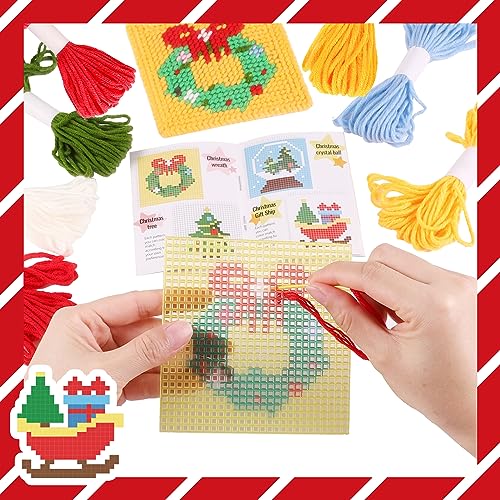 Pllieay Christmas 10-in-1 Cross Stitch Beginner Kit for Kids, Includes Instruction of 10 Different Patterns, 10 Printed Plastic canvases for Needlework, Needlepoint Starter Sewing Set - size: Christmas