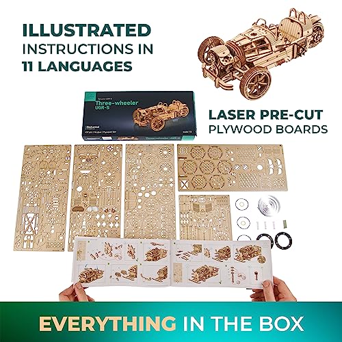 UGEARS Three-Wheeler UGR-S Motorcycle Model Wooden 3D Puzzles for Adults - Wooden Model Kits for Adults Motorcycle Gifts for Men Kit with Spring Motor, Functional Steering Chain Drive DIY Model