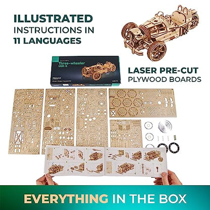 UGEARS Three-Wheeler UGR-S Motorcycle Model Wooden 3D Puzzles for Adults - Wooden Model Kits for Adults Motorcycle Gifts for Men Kit with Spring Motor, Functional Steering Chain Drive DIY Model