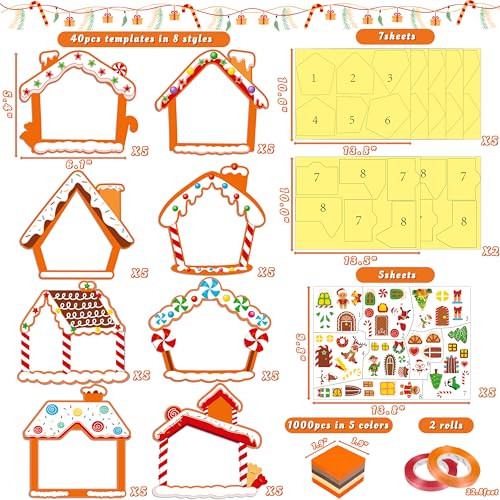 Renbuzhu 40PCS Christmas Crafts Bulk: Gingerbread House Paper Suncatchers DIY Kit for Winter Xmas Holiday Activities Decorations, Window Stained Glass Effect Art Ornaments - style: gingerbread house