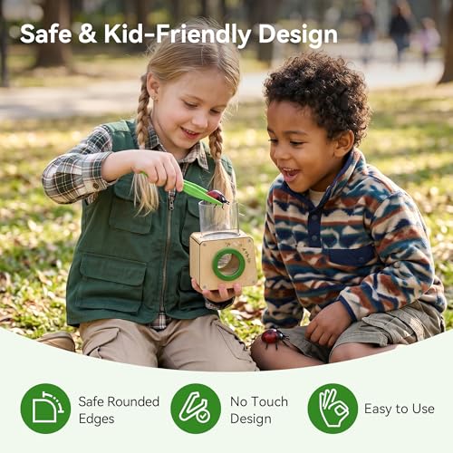 Wooden Bug Catcher for Kids, Tri-View Bug Viewer Kit, Top & Bottom Magnifiers, Insect Observation Container with Tweezers, Ruler & 10 Insect Cards, STEM Outdoor Explorer Toy