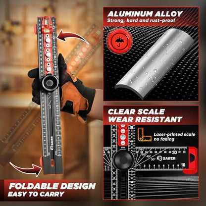 Saker 4-in-1 Drilling Positioning Ruler, Adjustable 13.78in Multifunctional T Square Ruler, Cabinet Hardware Jig, Marking Gauge Tools for Woodworking, Cabinet Drawer Door Hole Drilling Template - size: 13.78inch