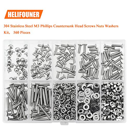 HELIFOUNER 560 Pieces M3 x 4mm /6mm /8mm /10mm /12mm /16mm /20mm, Phillips Countersunk Head Machine Screws, Metric Screws Bolts Washers Nuts Kit, 304 Stainless Steel - size: M3, style: Phillips Countersunk Head
