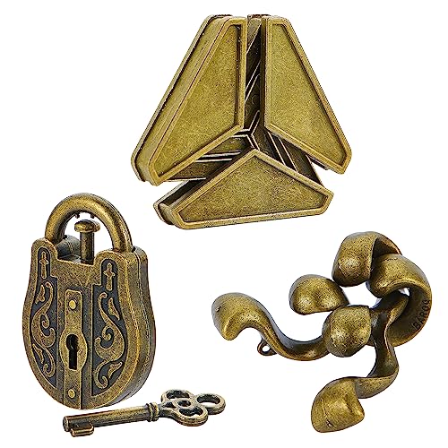 Brain Teaser Puzzles- 3 PCS Metal Puzzles Kit Metal Cast Puzzle Games Toys - color: Golden Puzzle, size: 3PCS (Gold)