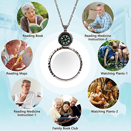 Magnifying Glass Necklace,Jiulory 10x Compass Magnifying Glass Pendant with Mini Compass,Magnifier Necklace Elderly Care Accessory Kids Hiking Camping Magnifier