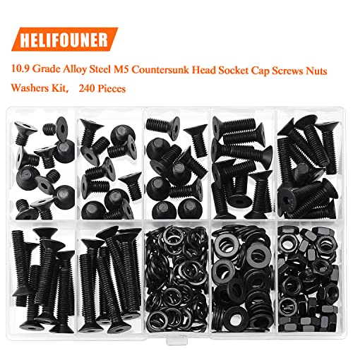 HELIFOUNER 240 Pieces M5 x 6mm /8mm /10mm /12mm /16mm /20mm /25mm, Countersunk Head Socket Cap Screws Bolts Washers Nuts Kit, 10.9 Grade Alloy Steel, Full Threaded, Black - size: M5, style: Countersunk Head