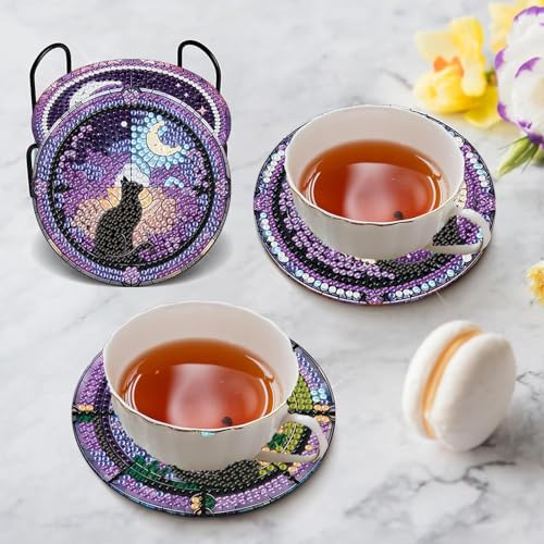 Diamond Art Coasters Kit, 6 Pieces Cat Diamond Painting Coasters Kit - color: Black Cat
