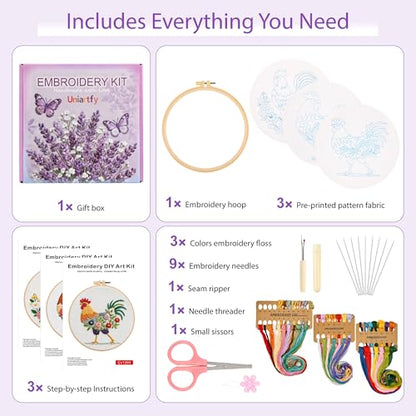 Uniartfy 3 Pack Funny Rooster and Flower Embroidery Kits for Beginners, Animal Cross Stitch Kit for Adults, DIY Needlepoint with Stamped Pattern, Embroidery Hoop, Tools, Colorful Threads, Instructions - color: Embroidery Kit-M