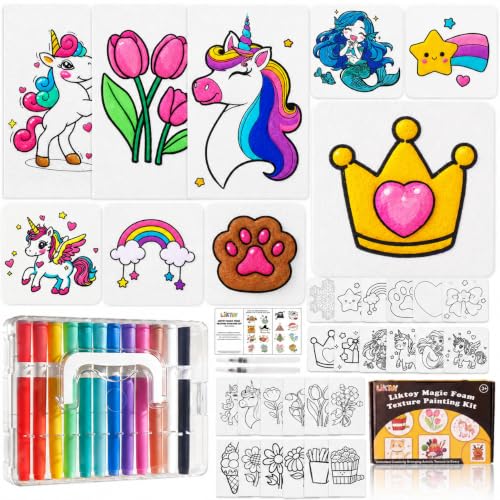 Liktoy 40Pcs Magic Foam Texture Painting Kit, 24Pcs Foam Texture Paper, 12 Colorful Brush, 2 Water Brushes, 3D Effect Texture Painting Set, Ideal for Halloween, Christmas, Birthday Gifts - color: cute