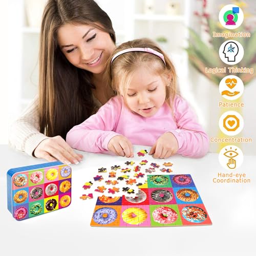 LELEMON Puzzles for Kids Ages 4-6,100 Piece Puzzles for Kids in Metal Box - color: 12pcs Donut