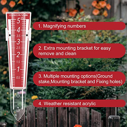 Circrane 5-Inch Capacity Outdoor Rain Gauge with Additional Hang Bracket& Stainless Steel Screws, Magnifying Scale and Numbers Design for Easy Read (Red) - color: Red