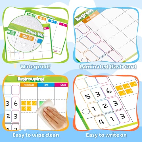 12 Pack Place Value Chart Dry Erase Flash Cards,9" x 12" Base Ten Addition and Subtraction Regrouping Math Manipulatives 1st 2nd 3rd Grade Classroom Must Haves Teacher Homeschool Supplies - color: Green