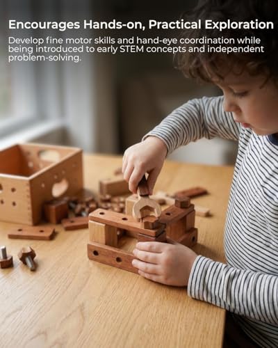 Kids Tool Set | Wooden Toy Building Blocks with Construction Tool Kit | Wood Blocks Nuts Bolts Hammer Screwdriver in a Box (32 pcs) for Boys & Girls