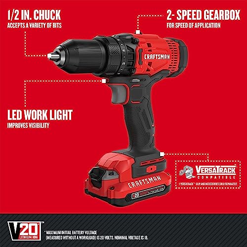 CRAFTSMAN V20 MAX Cordless Drill Driver and Impact Driver Set, Power Tool Set with 2 Batteries and Charger, LED Work Light, 2 Bits, Bag (CMCK200C2) - style: 2 Tool Combo Kit