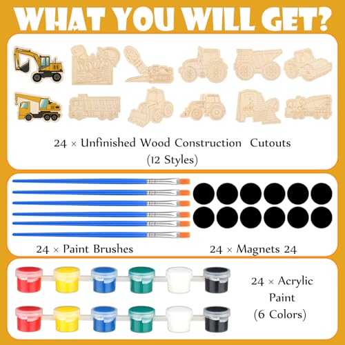JellyArch 24 Pcs Construction Painting Kits Unfinished Wood Construction Trucks Cutouts DIY Wooden Painting Bulk Crafts Cutouts Refrigerator Magnets for Home Decor Gift - style: Construction Vehicles