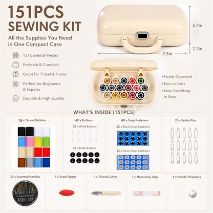 FKOG Sewing Project Kit, 151 Pcs Family Sewing Supplies Repair Organizer with Portable Retro Hard-Shell Case, 16 Multicolor Thread Spools, Needles, Buttons, and Accessories (Creamy White) - style: Creamy white