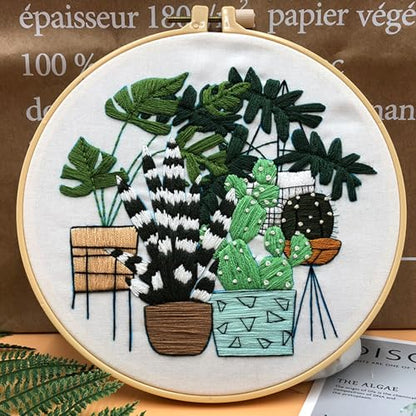 SCECALA 3 Pack Plant Embroidery Kit for Beginners - Green Plant Potted with Embroidery Pattern, Hoop, Complete Cross Stitch Supplies (Needle/Threads/Scissors) DIY Craft for Adults Sewing Hobby - color: Green