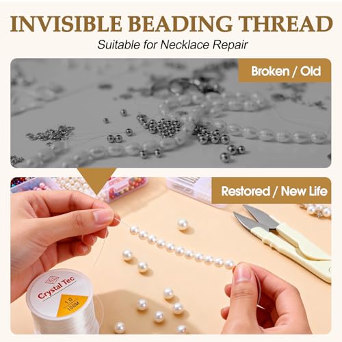 3 Rolls Elastic String Kit (328 Yds) with Spring Cord Clamps - 0.5/0.8/1.0mm Stretchy Cord for Clay & Seed Beads, Jewelry Repair, Necklaces & DIY Friendship Bracelets - 8 Pcs Set w/Needles & Scissors