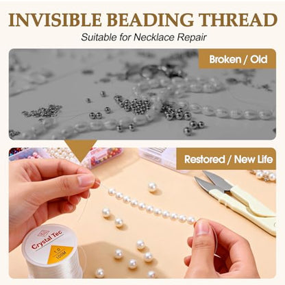 3 Rolls Elastic String Kit (328 Yds) with Spring Cord Clamps - 0.5/0.8/1.0mm Stretchy Cord for Clay & Seed Beads, Jewelry Repair, Necklaces & DIY Friendship Bracelets - 8 Pcs Set w/Needles & Scissors