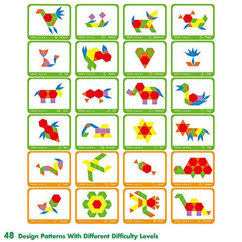 SpriteGru 300 PCS Wooden Pattern Blocks Set for Kids with 24 Double-Sided Design Cards(48 Patterns) and Storage Bag in Gift Box,Fun Montessori Learning Toys - style: 300 Pcs Blocks Set