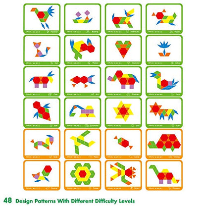 SpriteGru 300 PCS Wooden Pattern Blocks Set for Kids with 24 Double-Sided Design Cards(48 Patterns) and Storage Bag in Gift Box,Fun Montessori Learning Toys - style: 300 Pcs Blocks Set