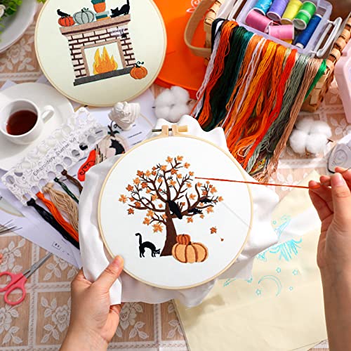 Yuxung 5 Sets Fall Embroidery Kit Halloween Embroidery Cross Stitch Kit