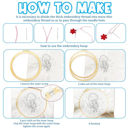 ACRNIGHEET 6PCS Embroidery Kit for Adults Beginners, Sea Animals Embroidery Starter Kit, Stamped Cross Stitch Kits for Crafts Lovers Gift Idea, Include Instructions 6 Stamped Embroidery Cloth 2 Hoop - style: Marine animal patterns -6pcs