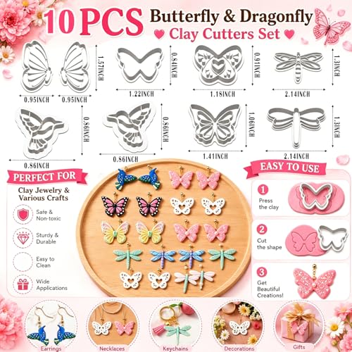 10PCS Butterfly Dragonfly Hummingbird Clay Cutters for Jewelry - color: Butterfly & Dragonfly