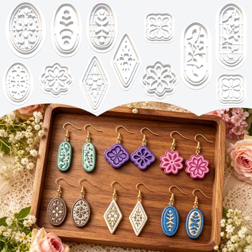 12 Pcs Floral & Geometric Polymer Clay Cutters Set - Flower, Oval & Diamond Shape Clay Cutters for Polymer Clay Jewelry Making, Earring & Craft Supplies - color: Geometry-12pcs
