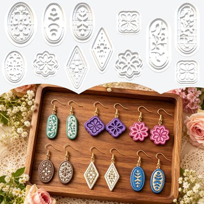 12 Pcs Floral & Geometric Polymer Clay Cutters Set - Flower, Oval & Diamond Shape Clay Cutters for Polymer Clay Jewelry Making, Earring & Craft Supplies - color: Geometry-12pcs