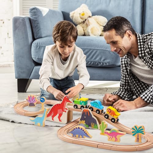 SainSmart Jr. Wooden Train Set Dinosaur Theme, Train Toys with 6 Kinds of Dinosaurs, Dinosaur Train Compatible with Brio, Thomas, Melissa & Doug – Perfect Wood Toy for Boys and Girls - style: Dinosaur