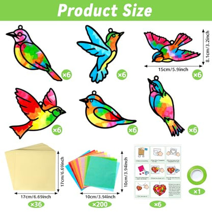Qyeahkj 36 Set Spring Bird Suncatchers Crafts for Kids DIY Bird Window Tissue Paper Craft Kit Animal Hanging Decor for Summer School Home Activity Art Project Birthday Party Favor Gift - style: Bird